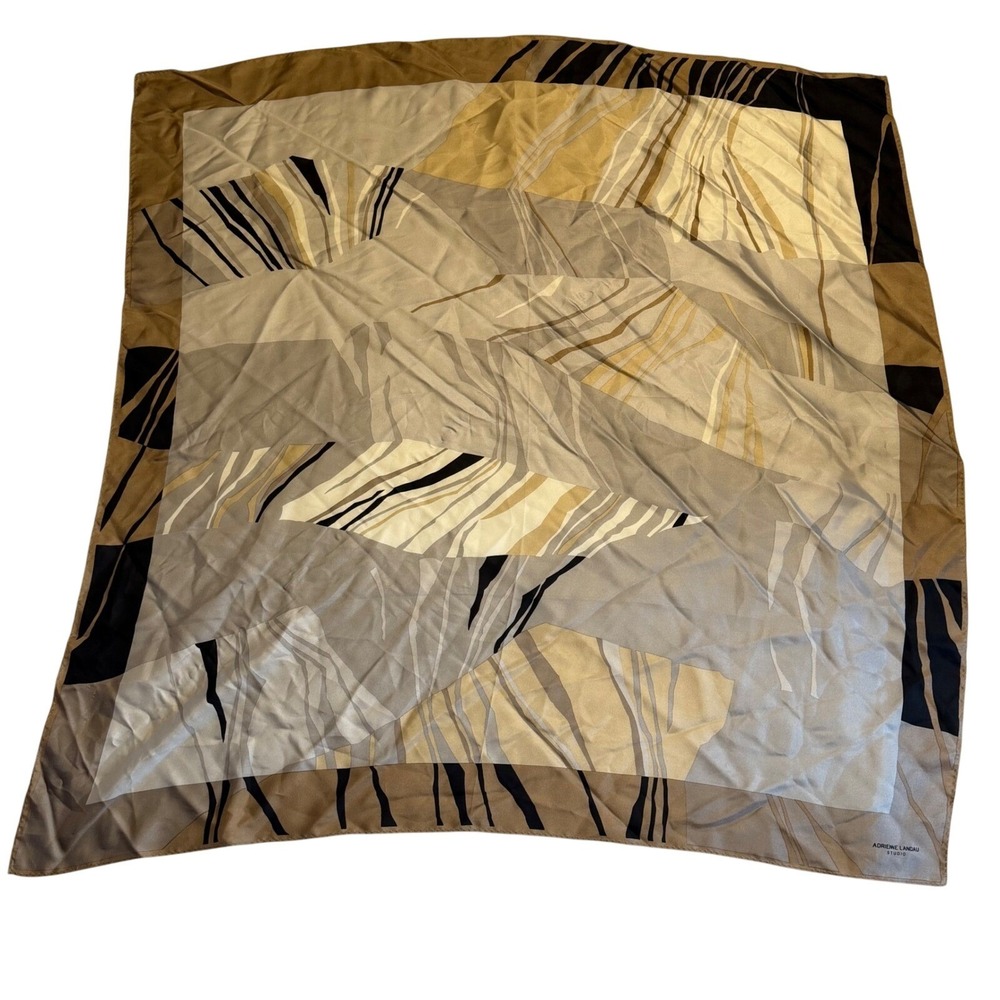 Adrienne Landau‎ Silk Scarf Abstract Geometric Neutral TanGrey Square 34in